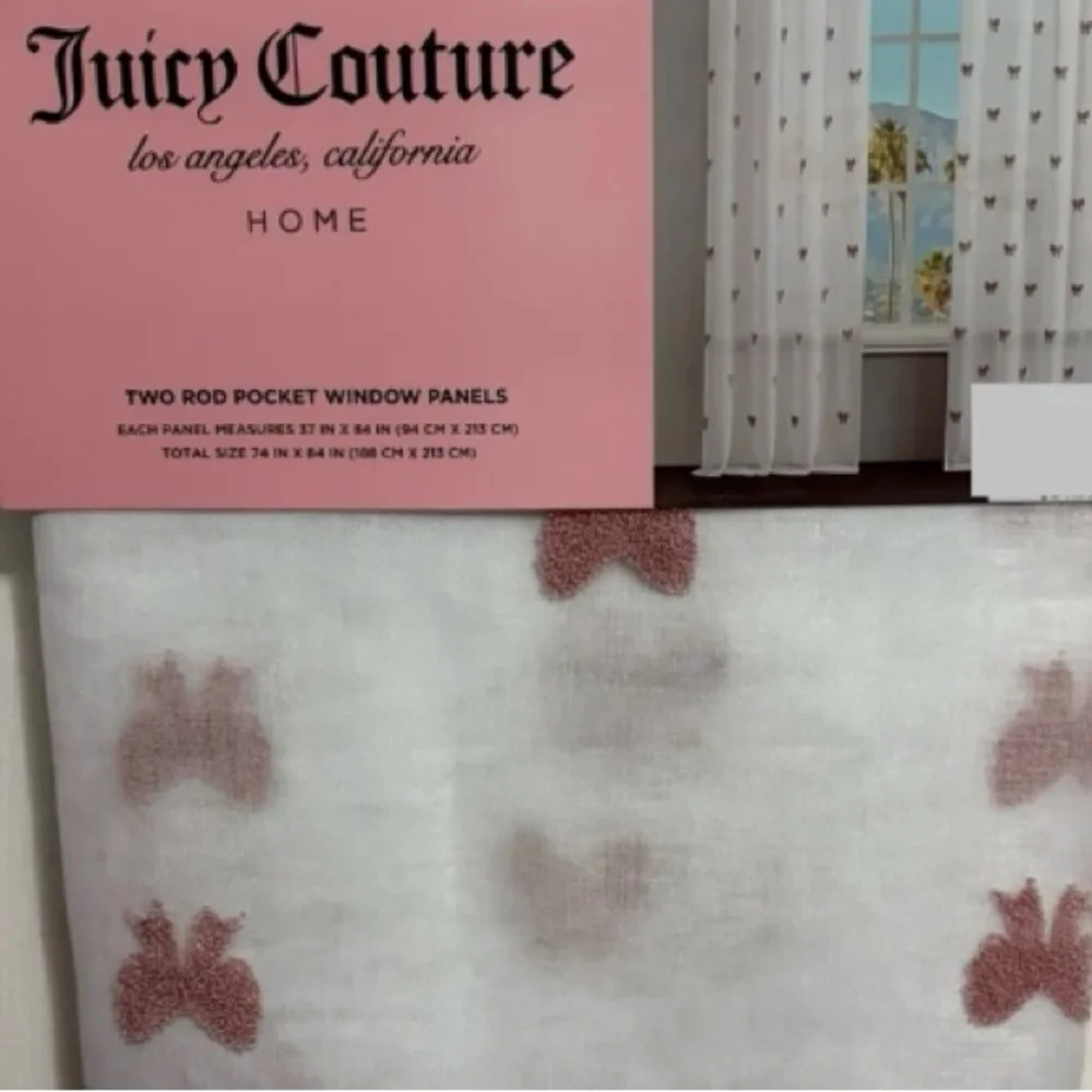 Juicy Couture 2 Window Panels Sheer Pink Coquette Fuzzy Textured Bows Set of 2